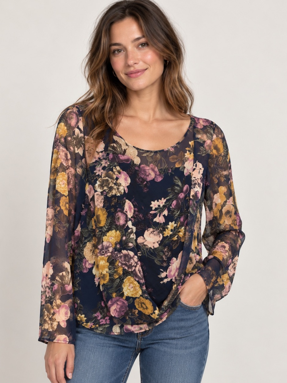 Le Lis Floral Semi Sheer Long Sleeve Blouse Navy Size XL